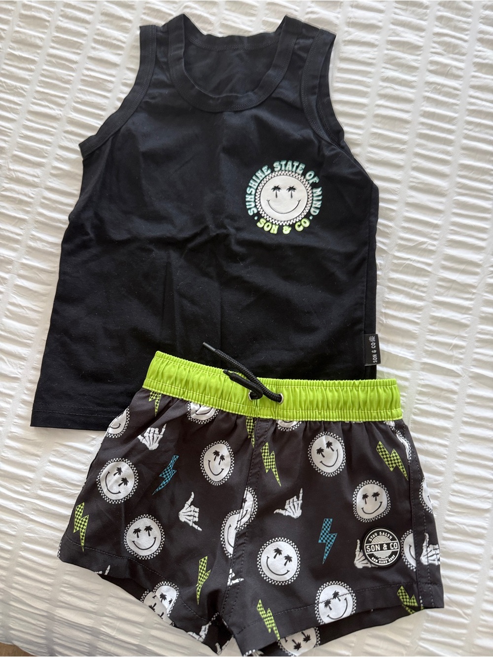 Kids Black & Lime Swim Trunks Set -